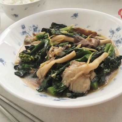 stir fried kailan with mushrooms and oyster sauce