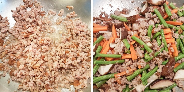Fry minced pork and vegetables